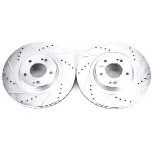Hyundai Santa Fe Sport Brake Rotors (2) - Front - PowerStop - Evolution Drilled & Slotted Zinc Plated Rotors - Silver - `13-`18