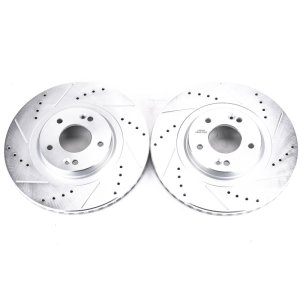 Hyundai Santa Fe Sport Brake Rotors (2) - Front - PowerStop - Evolution Drilled & Slotted Zinc Plated Rotors - Silver - `13-`18