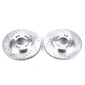 Mitsubishi Eclipse Brake Rotor (2) - Front - PowerStop - Evolution Drilled & Slotted Zinc Plated - Silver - `92-`00