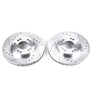 Mitsubishi Eclipse Brake Rotor (2) - Front - PowerStop - Evolution Drilled & Slotted Zinc Plated - Silver - `92-`00 Mitsubishi Eclipse Brake Rotor (2) - Front - PowerStop - Evolution Drilled & Slotted Zinc Plated - Silver - `92-`00