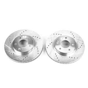 Hyundai Santa Fe Brake Rotors (2) - Front - PowerStop - Evolution Drilled & Slotted Zinc Plated Rotors - Silver - `01-`06