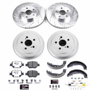 Toyota Celica Brake Kit - Front + Rear - PowerStop - Drilled & Slotted Rotors + Carbon-Fiber Ceramic Pads + Coated Drums + Shoes - Silver - `01-`05 Toyota Celica Brake Kit - Front + Rear - PowerStop - Drilled & Slotted Rotors + Carbon-Fiber Ceramic Pads + Coated Drums + Shoes - Silver - `01-`05