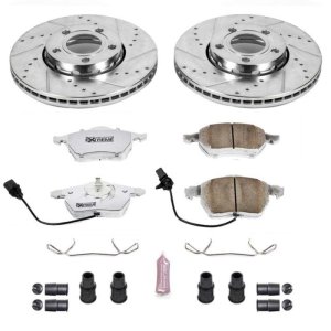 Audi A4 Brake Kit - Front - PowerStop - Drilled & Slotted Rotors + Carbon-Fiber Ceramic Pads + Hardware - `05-`06