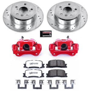 Toyota Highlander Brake Kit - Rear - PowerStop - Z36 Truck & Tow, Drilled & Slotted Rotors + Carbon-Fiber Ceramic Pads + Powder Coated Calipers - Red - `01-`03
