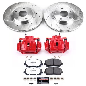 Toyota Highlander Brake Kit - Front - PowerStop - Drilled & Slotted Rotors + Carbon-Fiber Ceramic Pads + Powder Coated Calipers - Red - `01-`07