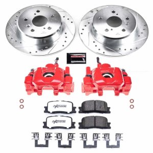 Toyota Highlander Brake Kit - Rear - PowerStop - Drilled & Slotted Rotors + Carbon-Fiber Ceramic Pads + Powder Coated Calipers - Red - `01-`03