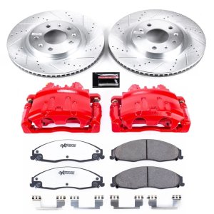 Cadillac CTS Brake Kit - Front - PowerStop - Drilled & Slotted Rotors + Carbon-Fiber Ceramic Pads + Powder Coated Calipers - Red - `03-`07