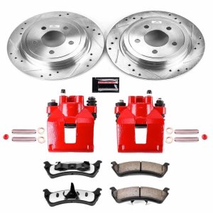 Ford Explorer Sport Brake Kit - Rear - PowerStop - Drilled & Slotted Rotors + Carbon-Fiber Ceramic Pads + Powder Coated Calipers - Red - 2003