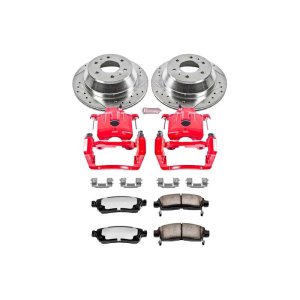Buick Rainier Brake Kit - Rear - PowerStop - Drilled & Slotted Rotors + Carbon-Fiber Ceramic Pads + Powder Coated Calipers - Red - `04-`07