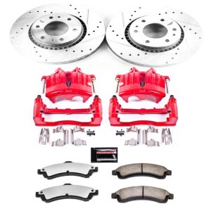 Saab 9-7x Brake Kit - Front - PowerStop - Drilled & Slotted Rotors + Carbon-Fiber Ceramic Pads + Powder Coated Calipers - Red - 2005