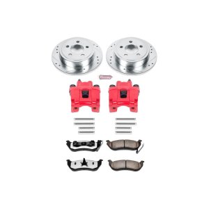 Jeep Liberty Brake Kit - Rear - PowerStop - Drilled & Slotted Rotors + Carbon-Fiber Ceramic Pads + Powder Coated Calipers - Red - `03-`07