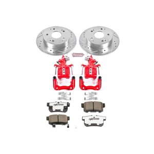 Honda Accord Brake Kit - Rear - PowerStop - Drilled & Slotted Rotors + Carbon-Fiber Ceramic Pads + Powder Coated Calipers - Red - `98-`02