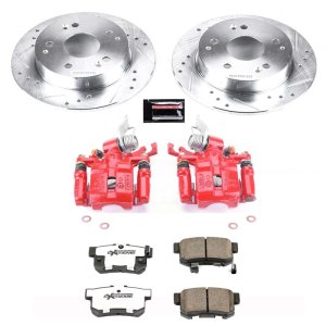 Honda Accord Brake Kit - Rear - PowerStop - Z26 Street Warrior + Drilled & Slotted Rotors + Carbon-Fiber Ceramic Pads + Powder Coated Calipers - Red - `98-`02