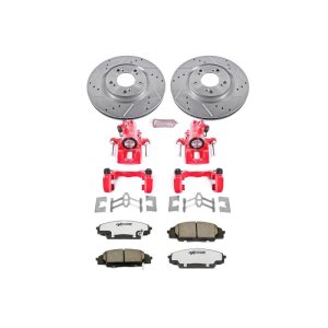 Honda S2000 Brake Kit - Front - PowerStop - Z26 Street Warrior + Drilled & Slotted Rotors + Carbon-Fiber Ceramic Pads + Powder Coated Calipers - Red - `00-`09