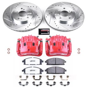 Acura MDX Brake Kit - Front - PowerStop - Drilled & Slotted Rotors + Carbon-Fiber Ceramic Pads + Powder Coated Calipers - Red - `03-`06