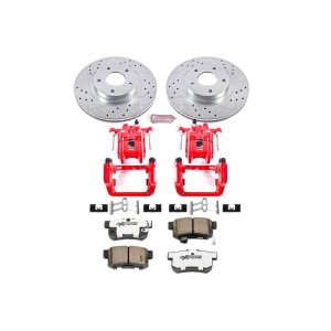 Acura TL Brake Kit - Rear - PowerStop - Drilled & Slotted Rotors + Carbon-Fiber Ceramic Pads + Powder Coated Calipers - Red - `99-`03