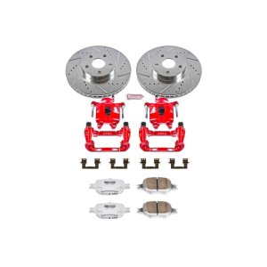 Scion tC Brake Kit - Front - PowerStop - Drilled & Slotted Rotors + Carbon-Fiber Ceramic Pads + Powder Coated Calipers - Red - `05-`10
