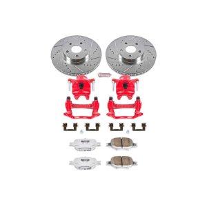 Toyota Celica Brake Kit - Front - PowerStop - Drilled & Slotted Rotors + Carbon-Fiber Ceramic Pads + Powder Coated Calipers - Red - `00-`02