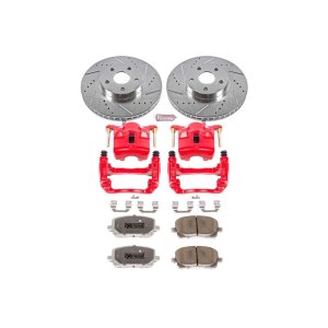 Pontiac Vibe Brake Kit - Front - PowerStop - Drilled & Slotted Rotors + Carbon-Fiber Ceramic Pads + Powder Coated Calipers - Red - `03-`08