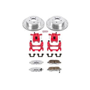 Infiniti M35h Brake Kit - Rear - PowerStop - Drilled & Slotted Rotors + Carbon-Fiber Ceramic Pads + Powder Coated Calipers - Red - `12-`13