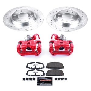 Mazda 6 Brake Kit - Rear - PowerStop - Z26 Street Warrior Slotted/Drilled Rotors + Carbon-Fiber Ceramic Pads + Powder Coated Calipers - Red - `03-`05