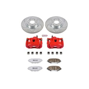 Mazda RX-8 Brake Kit - Front - PowerStop - Drilled & Slotted Rotors + Carbon-Fiber Ceramic Pads + Powder Coated Calipers - Red - `04-`11