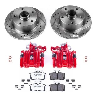 Audi A4 Brake Kit - Rear - PowerStop - Drilled & Slotted Rotors + Carbon-Fiber Ceramic Pads + Powder Coated Calipers - Red - `98-`01