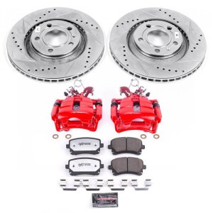Audi S4 Brake Kit - Rear - PowerStop - Slotted/Drilled Rotors + Carbon-Fiber Ceramic Pads + Powder Coated Calipers - Red - `04-`09