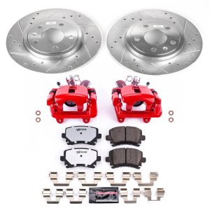 Audi A4 Brake Kit - Rear - PowerStop - Drilled & Slotted Rotors + Z26 Street Carbon-Fiber Ceramic Pads + Powder Coated Calipers - Red - `05-`09