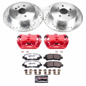 Toyota Highlander Brake Kit - Rear - PowerStop - Drilled & Slotted Rotors + Carbon-Fiber Ceramic Pads + Powder Coated Calipers - Red - `08-`09