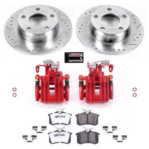 Audi A6 Quattro Brake Kit - Rear - PowerStop - Drilled & Slotted Rotors + Carbon-Fiber Ceramic Pads + Powder Coated Calipers - Red - `99-`04