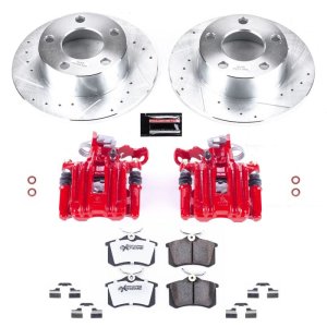 Audi A6 Brake Kit - Rear - PowerStop - Drilled & Slotted Rotors + Carbon-Fiber Ceramic Pads + Powder Coated Calipers - Red - `98-`04