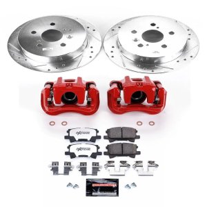 Toyota Highlander Brake Kit - Rear - PowerStop - Drilled & Slotted Rotors + Carbon-Fiber Ceramic Pads + Powder Coated Calipers - Red - `04-`07