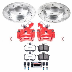 Audi A4 Quattro Brake Kit - Rear - PowerStop - Drilled & Slotted Rotors + Carbon-Fiber Ceramic Pads + Powder Coated Calipers - Red - `96-`01