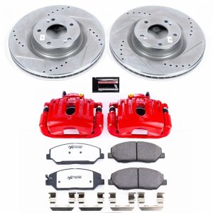 Hyundai Genesis Brake Kit - Front - PowerStop - Drilled & Slotted Rotors + Carbon-Fiber Ceramic Pads + Powder Coated Calipers - Red - `09-`11