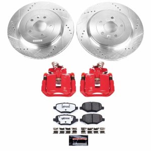 Ford Explorer Brake Kit - Rear - PowerStop - Z36 Truck & Tow, Drilled & Slotted Rotors, Carbon-Fiber Ceramic Pads, Powder Coated Calipers - Red - `13-`19