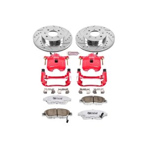 Honda Fit Brake Kit - Front - PowerStop - Z26 Street Warrior + Drilled & Slotted Rotors + Carbon-Fiber Ceramic Pads + Powder Coated Calipers - Red - `07-`08