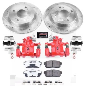 Infiniti G20 Brake Kit - Rear - PowerStop - Drilled & Slotted Rotors + Carbon-Fiber Ceramic Pads + Powder Coated Calipers - Red - `01-`02