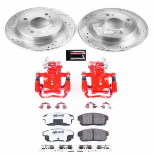 Nissan Sentra Brake Kit - Rear - PowerStop - Drilled & Slotted Rotors + Carbon-Fiber Ceramic Pads + Powder Coated Calipers - Red - `02-`06