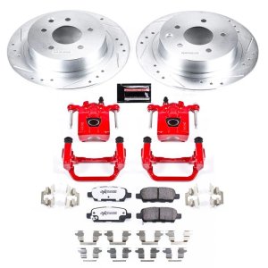 Nissan Altima Brake Kit - Rear - PowerStop - Drilled & Slotted Rotors + Carbon-Fiber Ceramic Pads + Powder Coated Calipers - Red - `07-`10