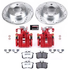 Audi Allroad Quattro Brake Kit - Rear - PowerStop - Z26 Street Warrior Upgrade Kit - Drilled & Slotted Rotors + Carbon-Fiber Ceramic Pads + Powder Coated Calipers - Red - `01-`05