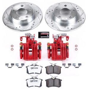 Audi A6 Quattro Brake Kit - Rear - PowerStop - Drilled & Slotted Rotors + Carbon-Fiber Ceramic Pads + Powder Coated Calipers - Red - `98-`04