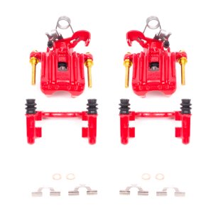 Audi A4 Brake Calipers - Rear - PowerStop - High-Temp Red Powder Coated, Floating Manual Parking Brake Caliper with Bracket - Red - `02-`06
