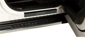 Ford F-450 Door Sill Protectors - Front + Rear - Putco - T-304 Stainless Steel, Laser-Etched Logo, 4-Piece, Peel-and-Stick - Black Platinum - `99-`16