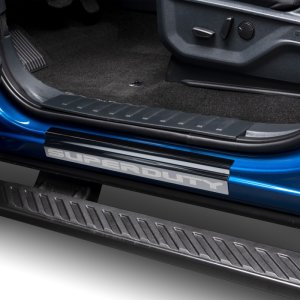 Ford F-450 Door Sill Protectors - Front + Rear - Putco - T-304 Stainless Steel, Laser-Etched Logo, 4-Piece, Peel-and-Stick - Black Platinum - `99-`16