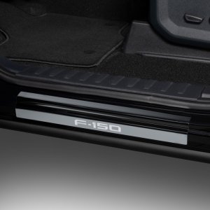 Ford F-150 Door Sills - Front - Putco - Black Platinum, T-304 Stainless Steel, Laser-etched Logo, 2-Piece - Black Platinum - `15-`20 Ford F-150 Door Sills - Front - Putco - Black Platinum, T-304 Stainless Steel, Laser-etched Logo, 2-Piece - Black Platinum - `15-`20