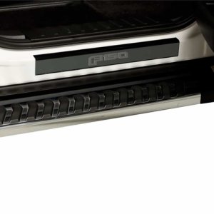 Ford F-150 Door Sills - Front - Putco - Black Platinum, T-304 Stainless Steel, Laser-etched Logo, 2-Piece - Black Platinum - `15-`20 Ford F-150 Door Sills - Front - Putco - Black Platinum, T-304 Stainless Steel, Laser-etched Logo, 2-Piece - Black Platinum - `15-`20