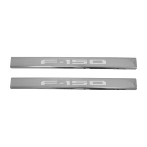 Ford F-150 Door Sills - Putco - T-304 Stainless Steel, Laser-Etched Logo, 4-piece Set, Peel-and-Stick Installation - Polished Stainless Steel - `15-`20