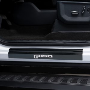 Ford F-150 Door Sill Protectors - Front + Rear - Putco - Black Platinum Stainless Steel, Laser-Etched Logo, 3M Adhesive - Black Platinum - `15-`20 Ford F-150 Door Sill Protectors - Front + Rear - Putco - Black Platinum Stainless Steel, Laser-Etched Logo, 3M Adhesive - Black Platinum - `15-`20