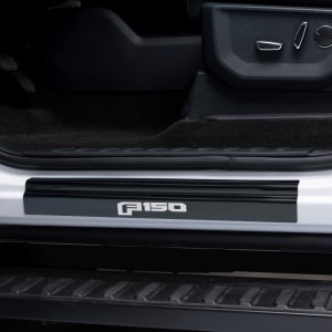 Ford F-150 Door Sill Protectors - Front + Rear - Putco - Black Platinum Stainless Steel, Laser-Etched Logo, 3M Adhesive - Black Platinum - `15-`20 Ford F-150 Door Sill Protectors - Front + Rear - Putco - Black Platinum Stainless Steel, Laser-Etched Logo, 3M Adhesive - Black Platinum - `15-`20